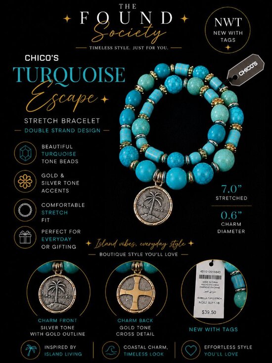 Chicos Jewelry - NWT Chico's Double Strand Turquoise Stretch Bracelet Reversible Charm